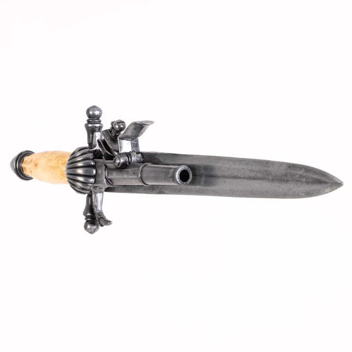 Front angle view of Non-Firing Nickel Kolser Dagger Pistol with Faux Ivory Handle
