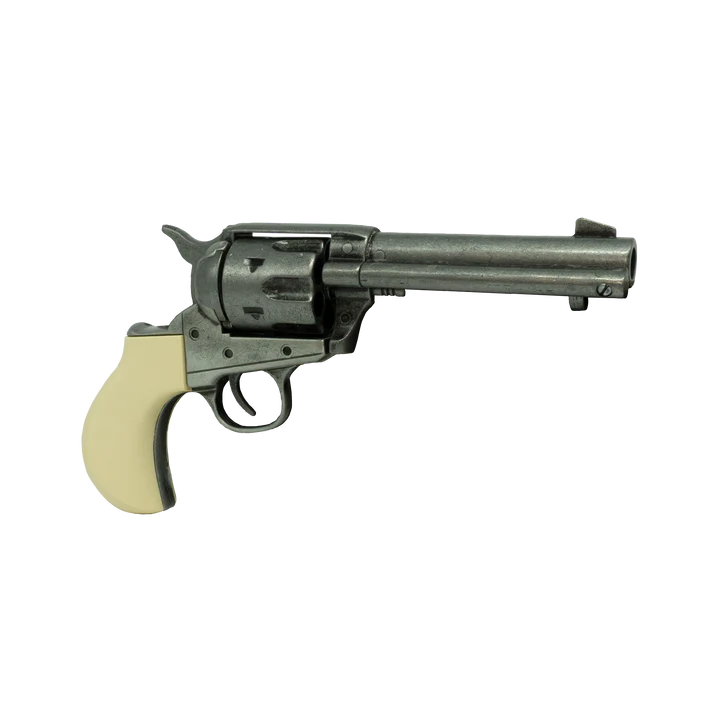 right view of silver thunderer revolver with ivory grip