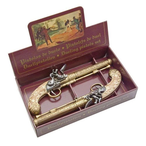 top view of engraved colonial belgian flintlock dueling set