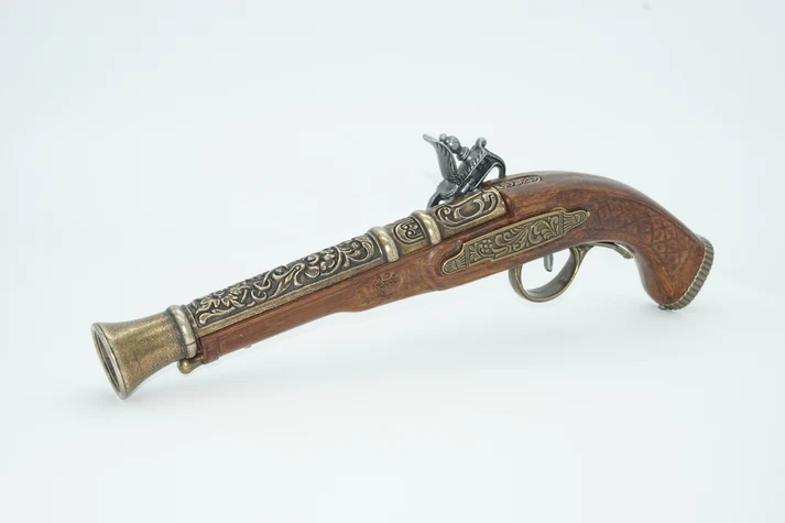 left view of 18th century flintlock dueling pistol set of 2
