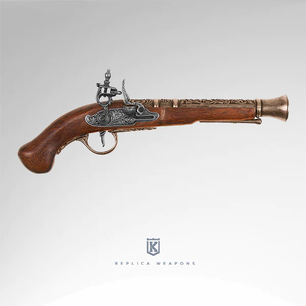 right view of 18th century brass pirate flintlock pistol