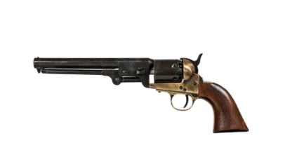 Lift side view of Antiqued Black and Brass Replica Non-Firing Model 1851 Navy Revolver