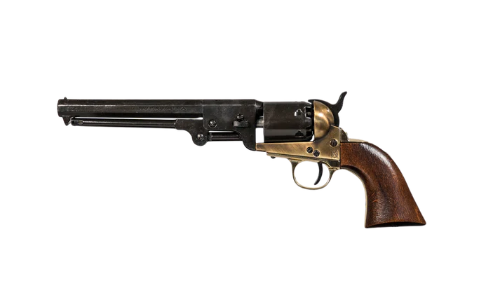 left view of antiqued black and brass replica non firing model 1851 navy revolver