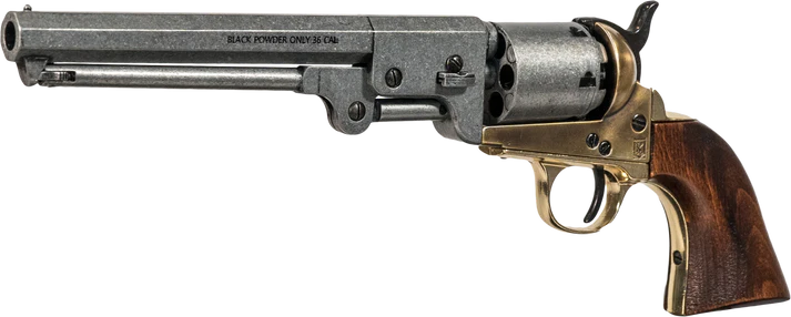 Left side close-up view of the antique grey and brass 1851 revolver with wood handle.