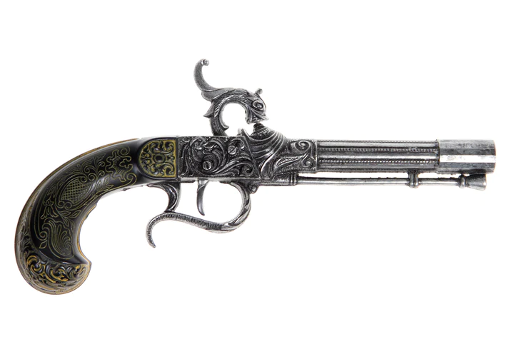 right view of 18th century flintlock percussion pistol