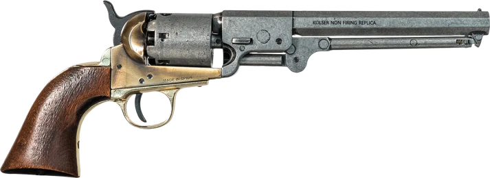 right view of antiqued grey and brass replica non firing model 1851 navy revolver