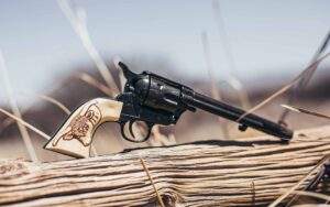 Black revolver with an ivory-colored grip engraved with a longhorn steer head, resting on a weathered wooden log in a dry, outdoor setting